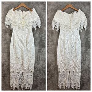Vintage Jessica McClintock Lace Sheath Wedding Dress Off Shoulder Ivory White